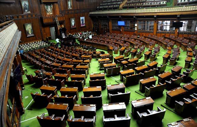 The repairing and polishing work is going on at Legislative Assembly hall, at Vidhana Soudha in Bangalore on Sunday. The Assembly sessions giong to began on Monday. -Photo/ VS