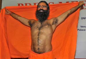Baba Ramdev at the press conference about yoga held on 19th to 23rd March at Palace ground organised by Patanjali Yoga Samithi in Bengaluru on Friday. Photo by B K Janardhan