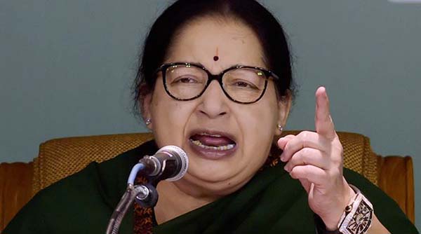 Chennai: Tamil Nadu Chief Minister and AIADMK Supremo J Jayalalithaa addressing a public meeting after launch of her election campaign for Assembly polls in Chennai on Saturday. PTI Photo by R Senthil Kumar  (PTI4_9_2016_000135B)