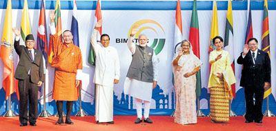Mobor : Prime Minister Narendra Modi with Myanmar’s State Counselor and Foreign Minister Aung San Suu Kyi, Sri Lankan President Maithripala Sirisena, Thailand PM Prayut Chan o Cha, Bangladeshi PM Sheikh Hasina, Nepal PM Pushpa Kamal Dahal, Bhutan PM Tshering Tobgay during the opening ceremony of the BIMSTEC Summit in Mobor, Goa on Sunday. PTI Photo by Shahbaz Khan (PTI10_16_2016_000201B)